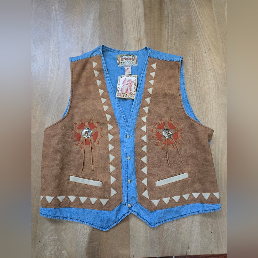 Vintage 90s Gold River Western Denim & Faux Suede Vest NWT - XL